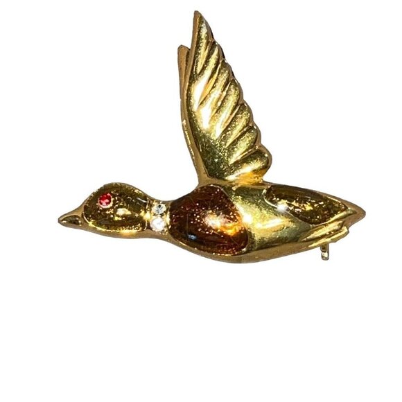 Vintage Gold Plated Flying Duck Bird Red Stone Eye Pin /‎ Brooch Pendant Fashion - Picture 1 of 6